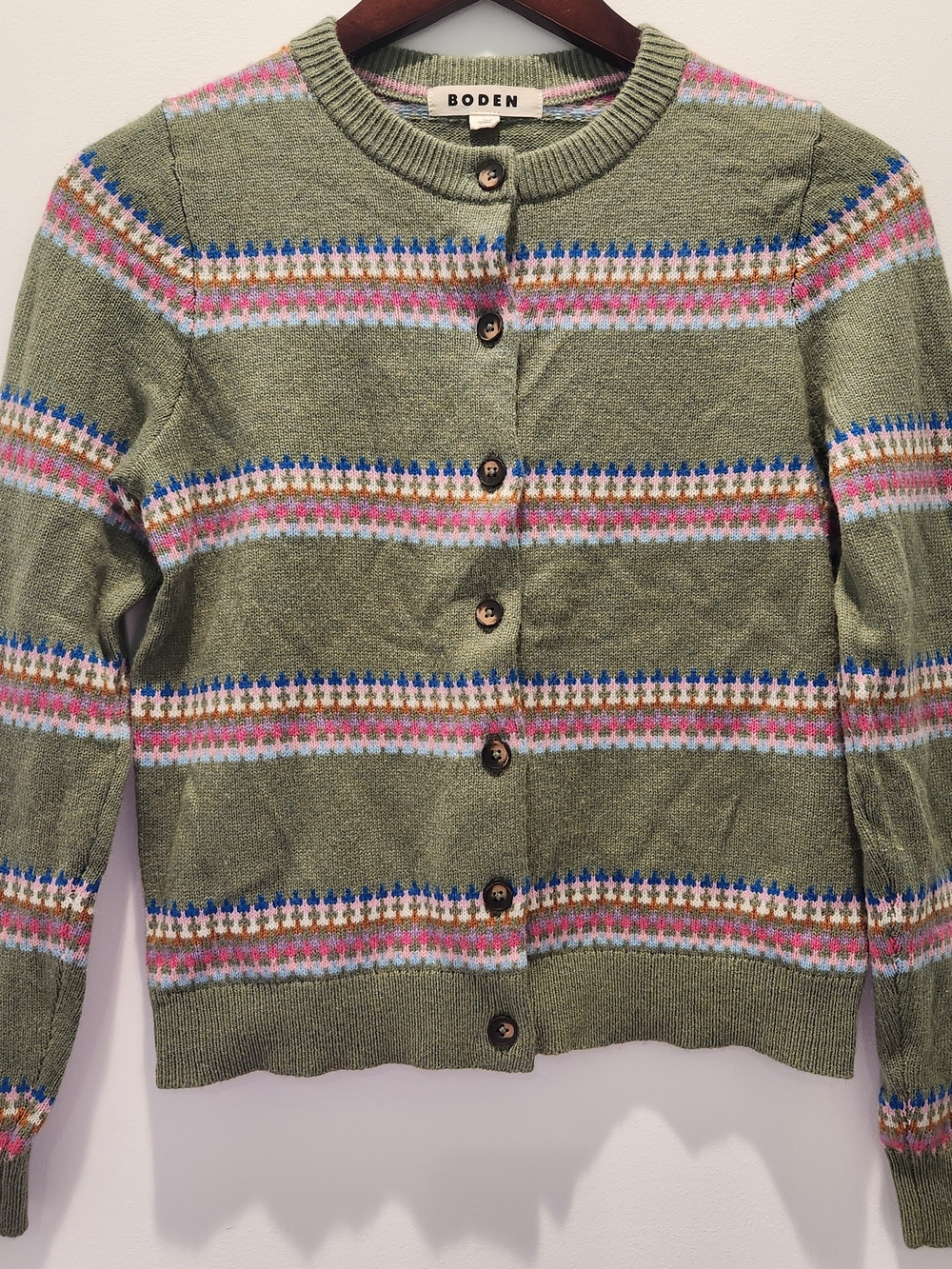 Boden Olive Green Edie Fair Isle Button Cardigan Wool Cotton Alpaca Blend XS